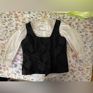 White button up blouse with lace and Black floral double breasted vest